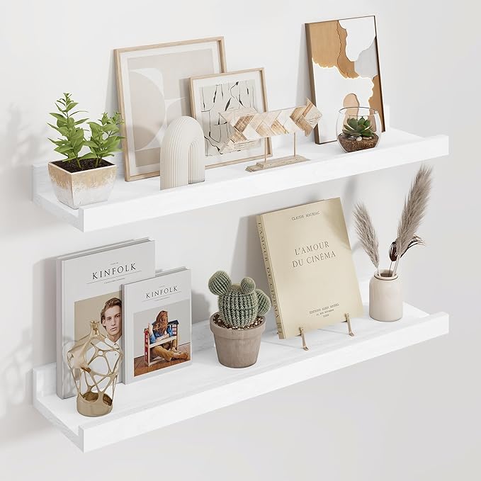 Floating Picture Ledge Shelves 24 Inch Solid Oak Wood Set of 2, Rustic Wall Storage Shelves with Lip, Kids Bookshelf, Photo & Picture Ledge Shelves for Bedroom, Living Room, Kitchen-Ruum Studio Home