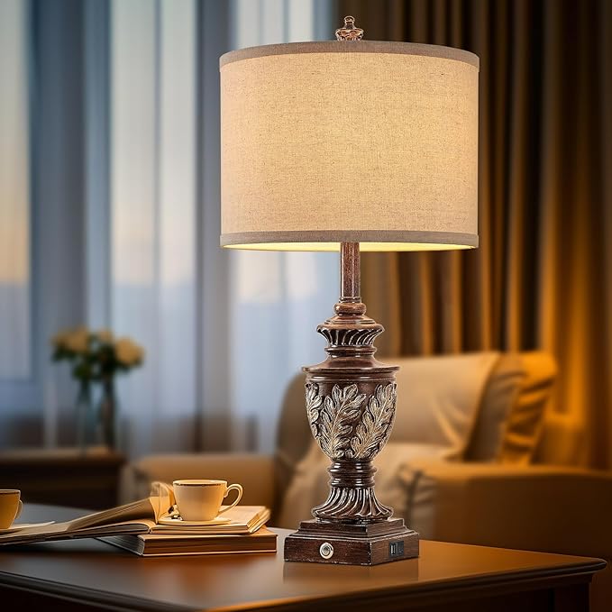 Farmhouse 3-Way Dimmable Touch Table Lamp Set of 2 for Bedroom Living Room with USB A+C Charging Ports 27.75" Tall Rustic Traditional Nightstand Bedside Lamps Brown End Table Lamp (2 Bulbs Included)-Ruum Studio Home