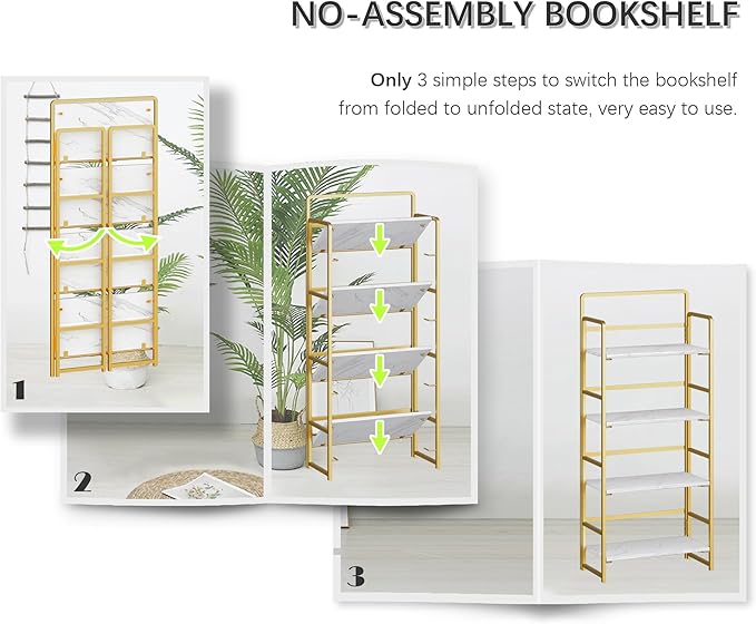 4NM No Assembly Foldable Bookshelf, 4-Shelf Collapsible Bookcase Storage for Small Spaces, 54" H, White and Golden-Ruum Studio Home