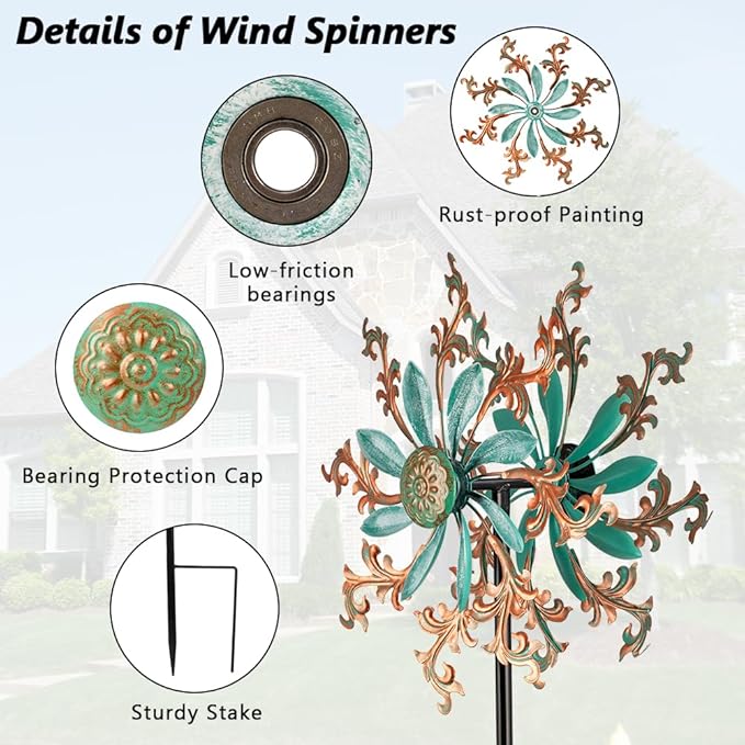 Viveta Wind Spinners Outdoor, Metal Wind Sculptures for Yard and Garden,13 * 57 "Double Windmill with Stable Stake-Ruum Studio Home