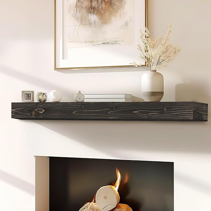 56x8x3 Fireplace Mantel - Handcrafted Hollow Rustic Solid Wood Wall Mounted Floating Shelf with Invisible Heavy Duty Wood Bracket (Weathered Black)-Ruum Studio Home