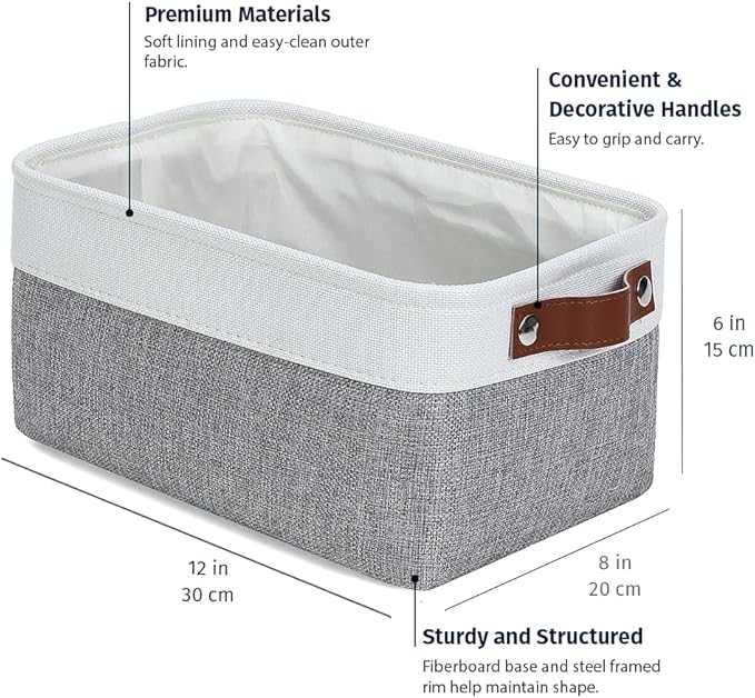 OrganiHaus Small Fabric Storage Bins for Shelves 6 Pack, 12x8in Closet Storage Bins for Shelves, Cloth Baskets for Organizing, Linen Closet Organizers, Fabric Basket, Gray/White-Ruum Studio Home
