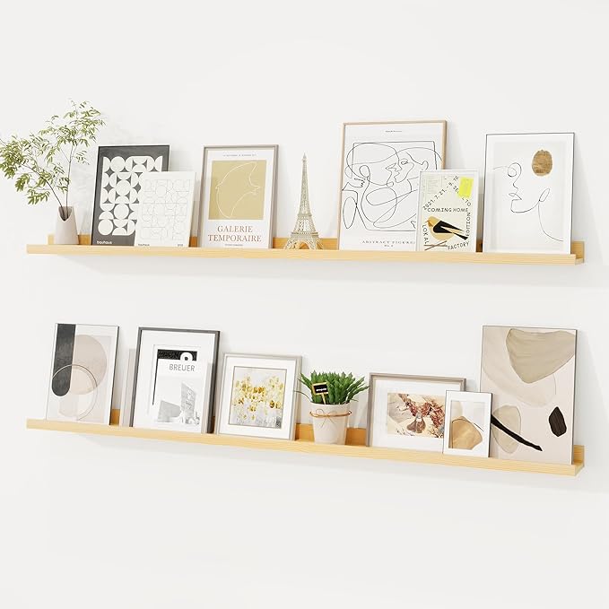 Picture Ledge Shelf, Solid Pine Wood Floating Shelves Set of 2, 48 Inches Nursery Book Shelves for Toys Storage, Kids Bookshelf Wall Mounted for Living Room Bedroom Decor Books Photo Frames, Natural-Ruum Studio Home