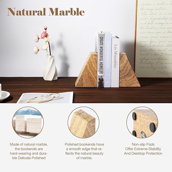 Marble Bookends for Heavy Books, Decorative Book Ends for Shelves, Unique Marble Stone Durable and Heavy Book Ends for Hardback Books & CDS, Book Stopper/Holder, Set of 2(Moca Jade)-Ruum Studio Home