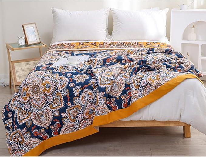 Boho Muslin Blanket for Adults 4-Layer Gauze Twin Size Soft Cozy 100% Cotton Summer Cooling Blanket Bohemian Decor for Sofa Bed Coverlet Both Sides (A Boho Spiral Flower, Twin 60 x 80 in)-Ruum Studio Home