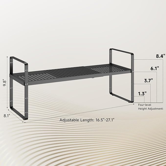 Hole Pattern Expandable Shelf Organizer,2Pack 8.1" Wide Easy to Assemble Cabinet Organizer Shelf, 16.5~27.1" Adjustable Height&Stackable Spice Organization for Cupboard, Black-Ruum Studio Home