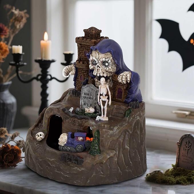 innodept12 Animated Halloween Small Village House - Moving Train and Skull Ghosts Tombstones Figurines with Pre-Lit Spooky Voice, Battery Operated, Not Including-Ruum Studio Home