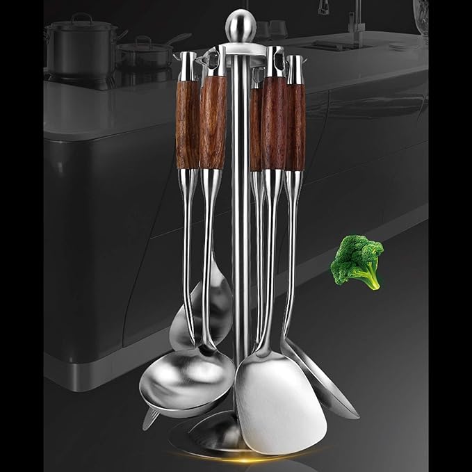 Cooking Utensils Set,7pcs 304 Stainless Steel Kitchen Utensils Set with Holder,Heat Resistant Wooden Handle Kitchen Tools-Ruum Studio Home