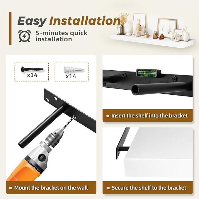 36"x6.8"x1.6" Slanted Floating Wall Shelves 2-Pack - Rustic White Finish, Heavy-Duty Solid Wood Design with Hidden Brackets - Perfect for Living Room, Kitchen, Bathroom, or Office-Ruum Studio Home