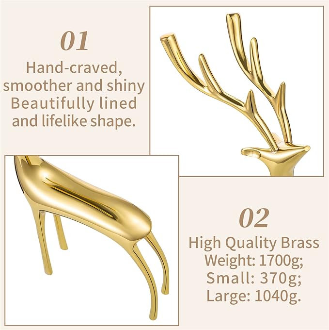 Sziqiqi Reindeer Figurine Statues Deluxe Set of 2, Christmas Deer Pure Copper Heavy Reindeer Ornaments for Home Decor Accents Living Room Office Bookself Tabletop Mantle Christmas Decoration, Gold-Ruum Studio Home