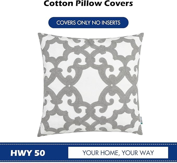 HWY 50 Grey Gray Decorative Throw Pillow Covers 18x18 Inch (1 Piece), Embroidered Cotton Farmhouse Cushion Cover Pillow Case for Sofa Couch Living Room Bed, Geometric-Ruum Studio Home