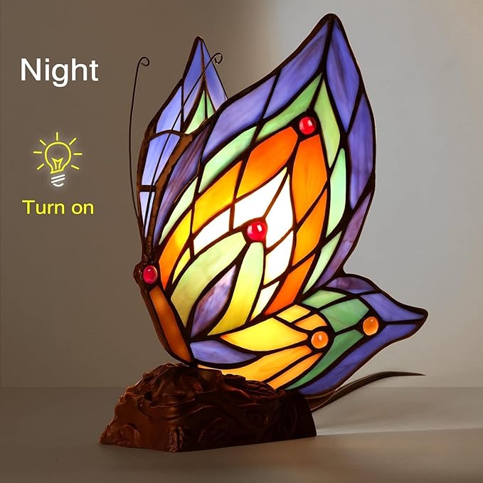 Tiffany Butterfly Table Lamp, 9'' Tall Vintage Stained Glass Lamp, Fairy Reading Night Light for Bedroom Living Room, 1 LED Bulb Included-Ruum Studio Home
