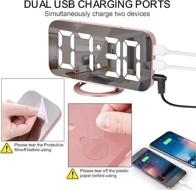 SZELAM Alarm Clock for Bedroom,LED and Mirror Digital Clock Large Display,with Dual USB Charger Ports,Auto Dim,Snooze Mode,Modern Desk/Wall Electronic Clock for Girl Woman Mom Teens - Rose Gold-Ruum Studio Home