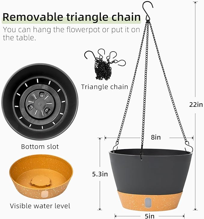 QCQHDU 2 Pack Hanging Planters for Indoor Outdoor Plants, 8 Inch Hanging Baskets Flower Pots with Reservoir Tray & Visible Water-Level-Ruum Studio Home