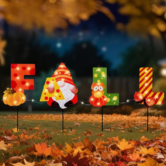 WONDER GARDEN Fall Yard Stakes Yard Signs, 4 Pack Metal Thanksgiving Lighted Garden Stakes, Gnome Sign with LED Lights for Harvest,Outdoor, Lawn,Farmhouse Decorations-Ruum Studio Home