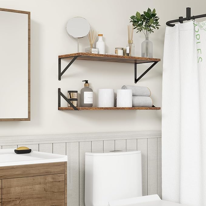 Fun Memories 27.5" W x10 D Floating Shelves, Large Wall Shelves 27.5 Inch Long, Set of 2, Farmhouse Wood Floating Shelf Wall Mounted, Deep Shelves for Bathroom, Living Room, Kitchen, Rustic Brown-Ruum Studio Home