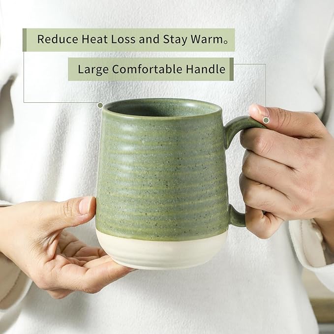 Hasense Stoneware Coffee Mugs Set of 6, 15 Oz Large Coffee Cups with Handle, Tea Mugs for Men and Women, Modern Coffee Mug for Cappuccino, Milk, Cocoa, Microwave & Dishwasher Safe, Green-Ruum Studio Home