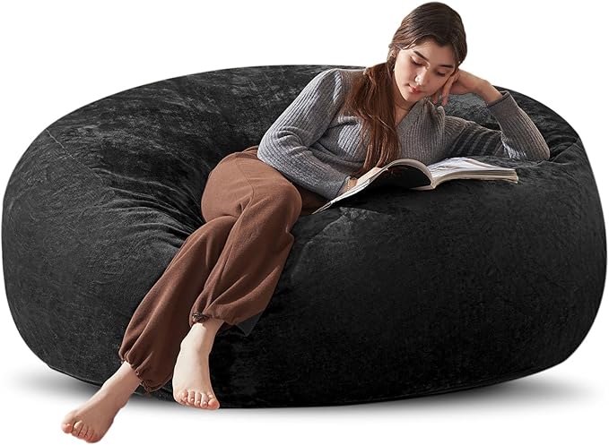 Bean Bag Chair 6Ft, Memory Foam Filled, Large Beanbag Chairs for Adults and Teens, Soft Sofa with Removable Flannel Cover, Round Couch for Living Room Bedroom College Dorm (Black, 6FT-67×67"×24")-Ruum Studio Home