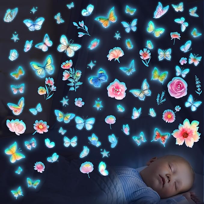 Glow in The Dark Butterfly Flower Wall Decals Glowing Luminous Butterflies Removable Self-Adhesive Wall Stickers for Girls Bedroom Nursery Living Room Decor 4 Sheets (Butterfly 3)-Ruum Studio Home