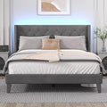 Full Size Bed Frame with LED Lights, Upholstered Bed Frame with Wingback Diamond Tufted Headboard, Wood Slats Support, Noise-Free, Easy Assembly, No Box Spring Needed, Grey-Ruum Studio Home