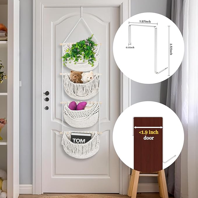 4 Tier Hanging Fruit Basket for Kitchen, 4 Pack Detachable Cotton Crocheted Wall Hanging Baskets Shelf Over Door Organizer for Fruit Veggie Plant, Hanging Storage Basket for Bathroom Bedroom(Beige)-Ruum Studio Home