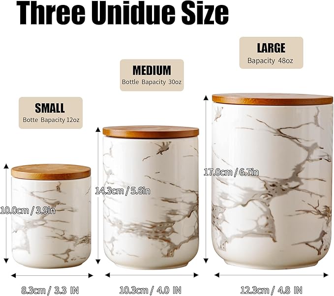 Ceramic Canister Set with Bamboo Airtight Lids, 3-Piece Kitchen Storage Jars (48oz, 30oz, 12oz) – White with Gold Marble Pattern, Glossy Finish, for Coffee, Sugar, Flour & More-Ruum Studio Home
