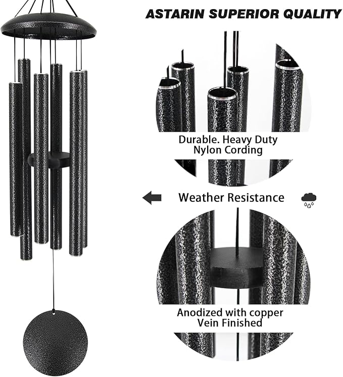 Sympathy Memorial Wind Chimes, 36' with 6 Metal Tubes, Outdoor Deep Tone for Garden, Christmas Hanging Decor - Black Grey-Ruum Studio Home