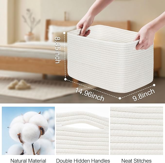 3-Pack Shelf Baskets for Organizing, Woven Storage Basket for Shelves, Cotton Rope Storage Bins for Toys Books, Nursery Towel Baskets for Classroom, 14.96"X9.8"X8.85", White-Ruum Studio Home