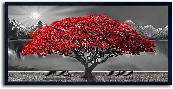 Black and White Red Tree Wall Art Canvas Print Picture Large Red Tree Landscape Modern Artwork for Living Room Bedroom Office Home Wall Decor With Frame 29X58inch Black Framed-Ruum Studio Home
