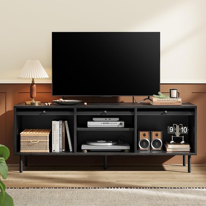 59 Inch TV Stand with Power Outlet for TVs up to 65 Inch, Entertainment Center with Storage, Mid-Century Modern TV Console, Adjustable Shelf & Sliding Doors, TV Stand for Living Room, Bedroom, Black-Ruum Studio Home