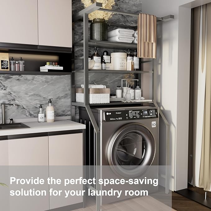 Dryer Storage Shelf and Heavy Duty Over the Washer– All-Steel Laundry Room Organizer with Clothes Drying Rod, Space-Saving Shelf for Front-Load Washers and Dryers, 29.92"L x 23.65"D x 70.8"H-Ruum Studio Home