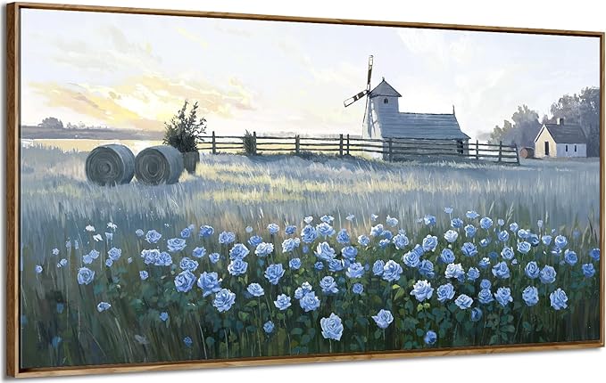 amatop Large Framed Country Landscape Wall Art – Blue Floral Canvas Art Print Vintage Rustic Farmhouse Picture Sunset Nature Artwork Wall Decor for Bedroom Dining Room Office Entryway 48x24 Inch-Ruum Studio Home