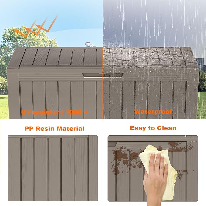 80 Gallon Resin Deck Box, Lockable Patio Outdoor Storage Box for Furniture, Garden Tools and Tools Storage, Waterproof Outside Storage Boxes - Grey-Ruum Studio Home
