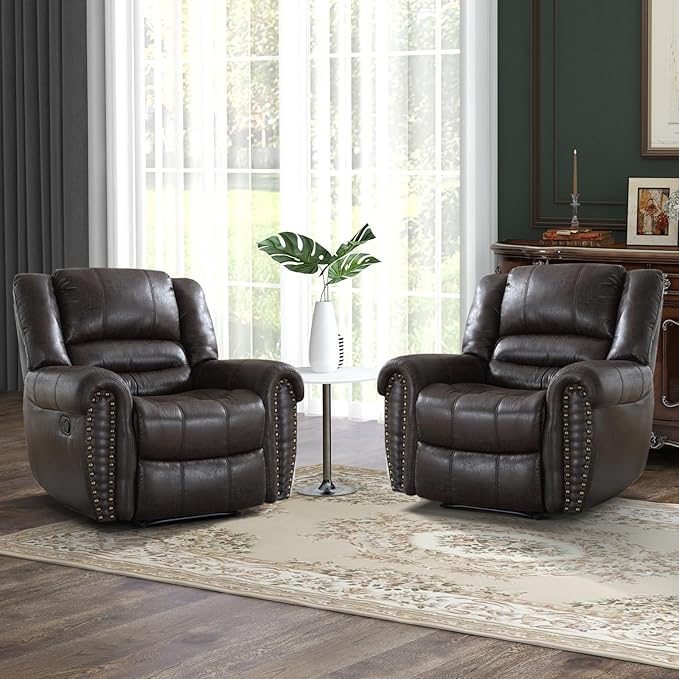 CANMOV Leather Recliner Chair Set of 2, Classic and Traditional Manual Recliner Chair with Comfortable Arms and Back,Manual Single Recliner Sofa for Living Room, Dark Grey-Ruum Studio Home