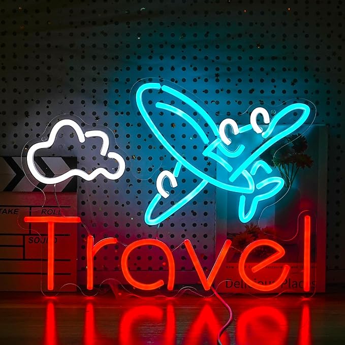Travel Neon Sign USB Airplane LED Light Up Sign for Wall Decor Dimmable 12.2 * 16.5 In Go To Tranel Neon Light for Airport Travel Agency Bedroom(Ice Blue Red White)-Ruum Studio Home