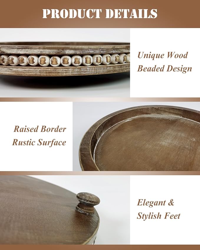 12 Inches Rustic Wooden Decorative Tray, Small Round Beaded Wood Tray for Kitchen Dinning Table Centerpiece Decor Entryway Living Room Home Decor, Brown-Ruum Studio Home