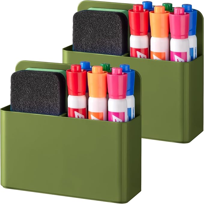 BEYGORM 2 Pack Plastics Magnetic Pen Holder for Refrigerator, Dry Erase Marker Holder for Whiteboard，Magnet School Locker Organizer Accessories, Pencil Cup, Pen Caddy (Army Green)-Ruum Studio Home