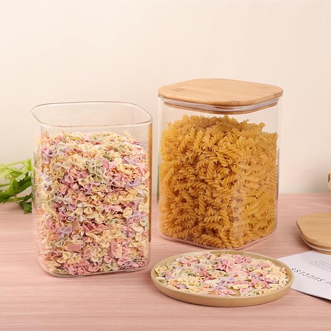 Glass Food Storage Jars 150 Set of 2,Glass Storage Containers Clear Glass Food Canister with Bamboo Lid Airtight For Serving Tea, Coffee, Flour, Sugar, Candy, Cookie, Spice and More (Square)-Ruum Studio Home