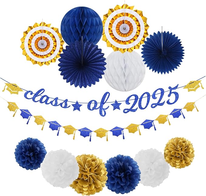 Navy-Blue Gold-White Party-Decoration Graduation Banner - 14pcs Kits Cap Garland Streamers, Royal Paper Tissue Pom Poms Flowers Fans Honeycomb,Class Of 2025 College High School Grad Decor Hugfond-Ruum Studio Home
