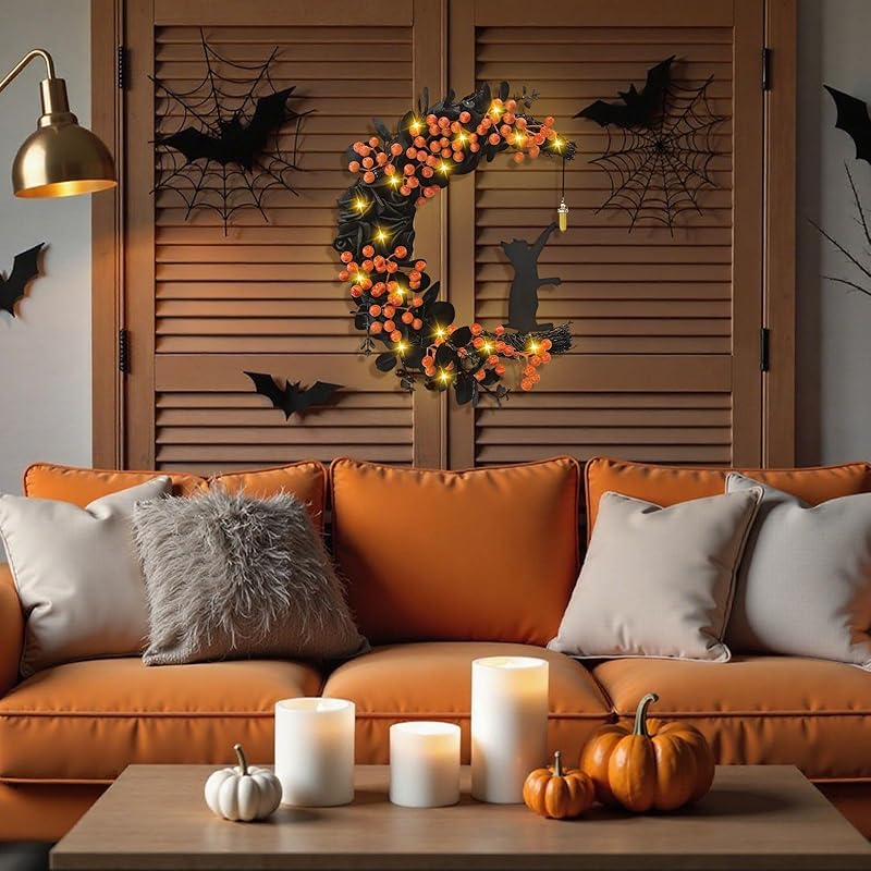 Halloween Wreaths for Front Door with Light, Black Cat Crescent Moon Wreath, Cute Cat Garland Halloween Door Decorations for Outdoor Indoor Decor Wall Window Home Party-Ruum Studio Home