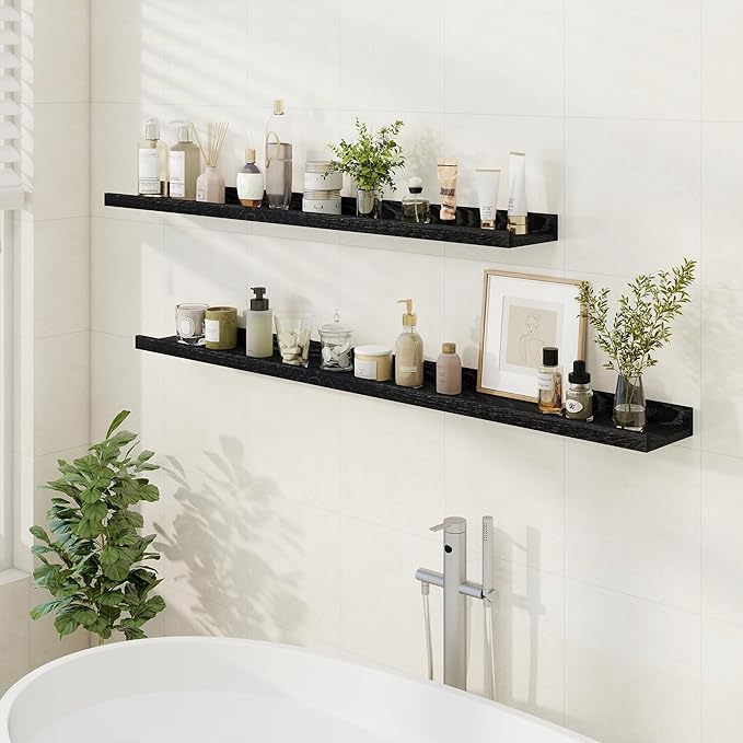 Floating Picture Ledge Shelves 48 Inch Solid Oak Wood Set of 2, Rustic Wall Storage Shelves with Lip, Kids Bookshelf, Photo & Picture Ledge Shelves for Bedroom, Living Room, Kitchen-Ruum Studio Home