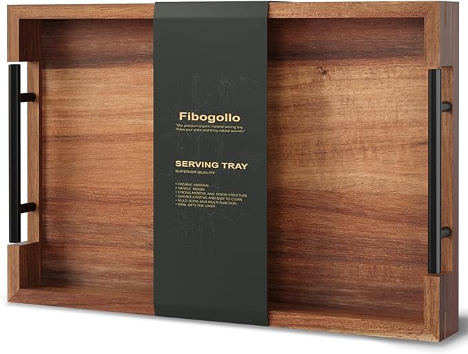 Acacia Wood Serving Tray with Metal Handles,15x10in Ottoman Decorative Trays Platter for Coffee Table,Living Room,Bar,Party(Medium)-Ruum Studio Home