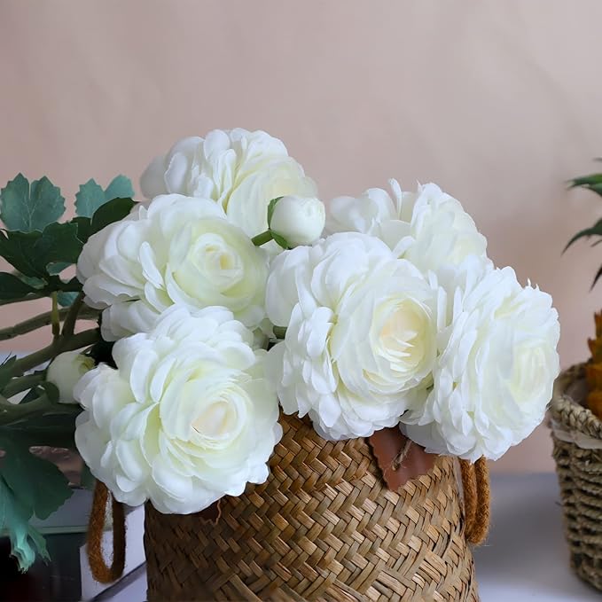 Artificial Ranunculus Long Stem Buttercup Silk Flowers 6pcs for Home Decor and Wedding Decorations(White 1)-Ruum Studio Home