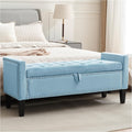 Storage Ottoman Bench, Velvet Upholstered Footstool for Bedroom and Living Room, Tufted Seat with Storage, Wooden Legs & Metal Rivets, Light Blue-Ruum Studio Home