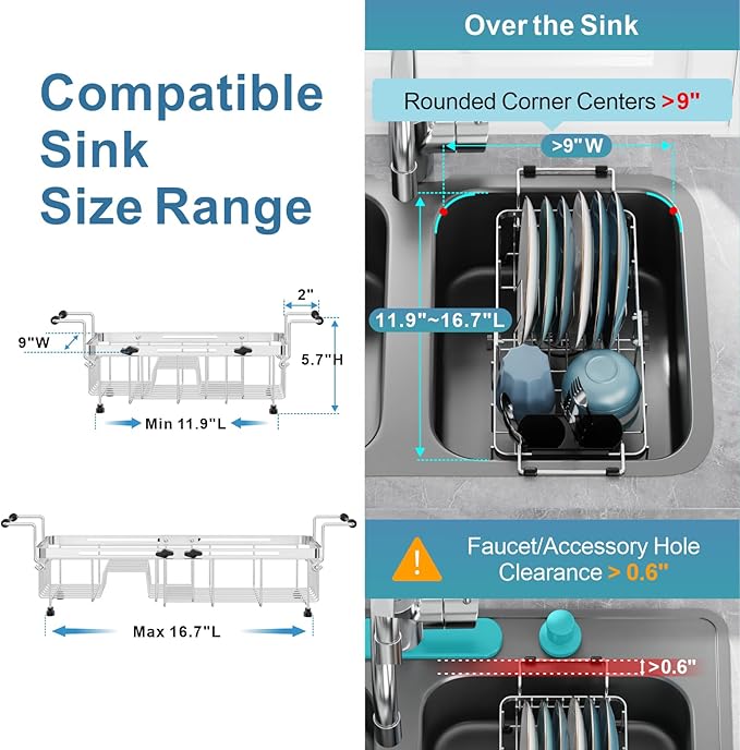 GSlife Expandable in Sink Small Dish Drying Rack - Stainless Steel Capacity Adjustable Over The Sink Dish Rack with Utensil Holder, 11.9“-16.7” L x 9" W x 5.7" H, Silver-Ruum Studio Home