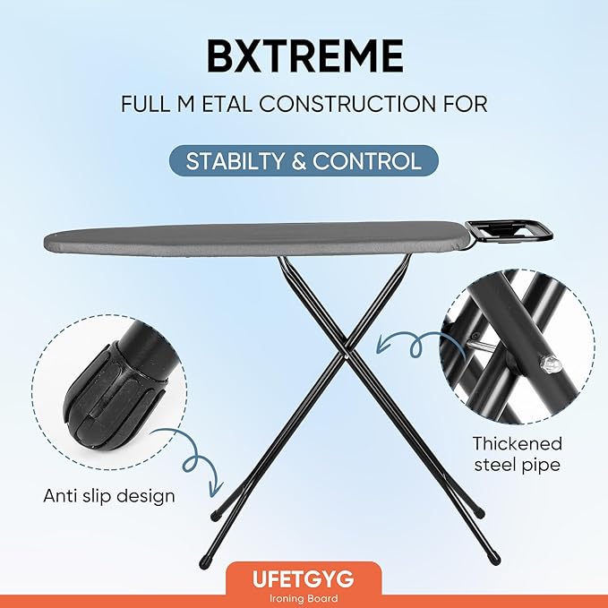 Classic Ironing Board 43" X 13" W/with Iron Rest | Full Metal Construction| Height Adjustable | Heat & Scorch Resistant Fabric | Anti-Skid Feet | Easy to Fold (Dark Grey)-Ruum Studio Home