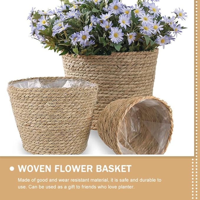 Home Decor Woven Straw Flower Pot Seagrass Planters Basket Garden Plant Pot Containers Wicker Rattan Vase Sundries Organizer Storage Bins for Indoor Outdoor Plants Vintage Decor-Ruum Studio Home
