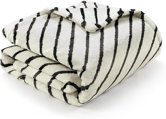 Lahome Boho Fleece Throw Blanket Black White Striped Fluffy Bed Throws Soft Cozy Warm Fuzzy Throw Blanket Reversible Blankets for Couch Sofa, Off White 50''x60''-Ruum Studio Home