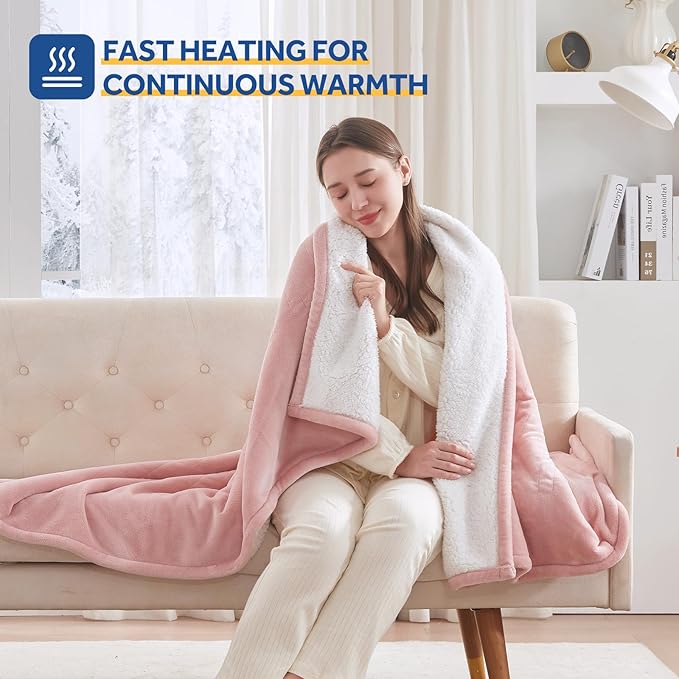 Sealy Electric Blanket Throw Size 50"*60",Super Cozy Flannel to Sherpa Reversible Heated Blanket Throw with 6 Heating Levels & 2-10 Hours Auto Off Overheating Protection Machine Washable,Pink-Ruum Studio Home