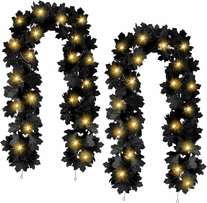 Joyhalo 2 Pack Halloween Garland with Lights, Black Maple Leaves Lighted Garland for Mantle, 5.7FT Light Up Leaf Autumn Vines Outdoor for Door Frame, Fireplace and Thanksgiving Fall Decor-Ruum Studio Home